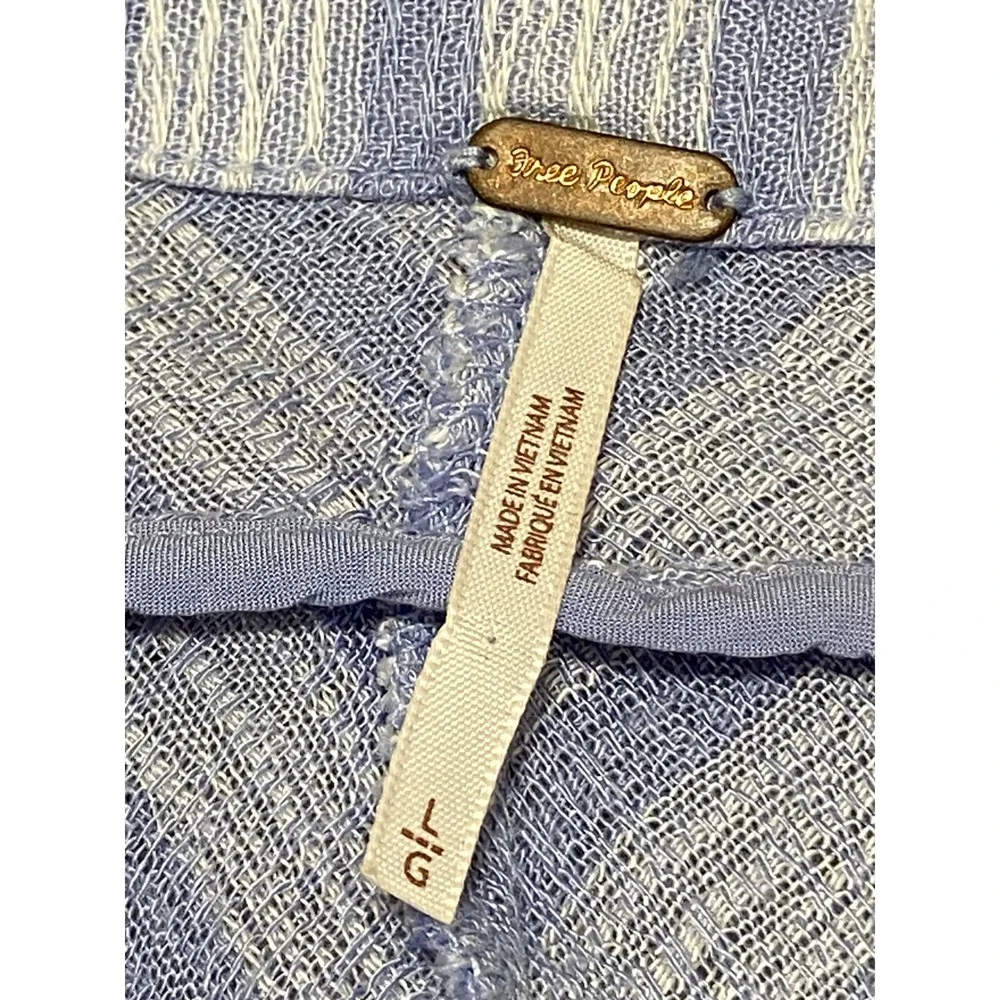 Free People Women's L Blue White‎ Striped V-Neck Blouse Tie Sleeve Pocket